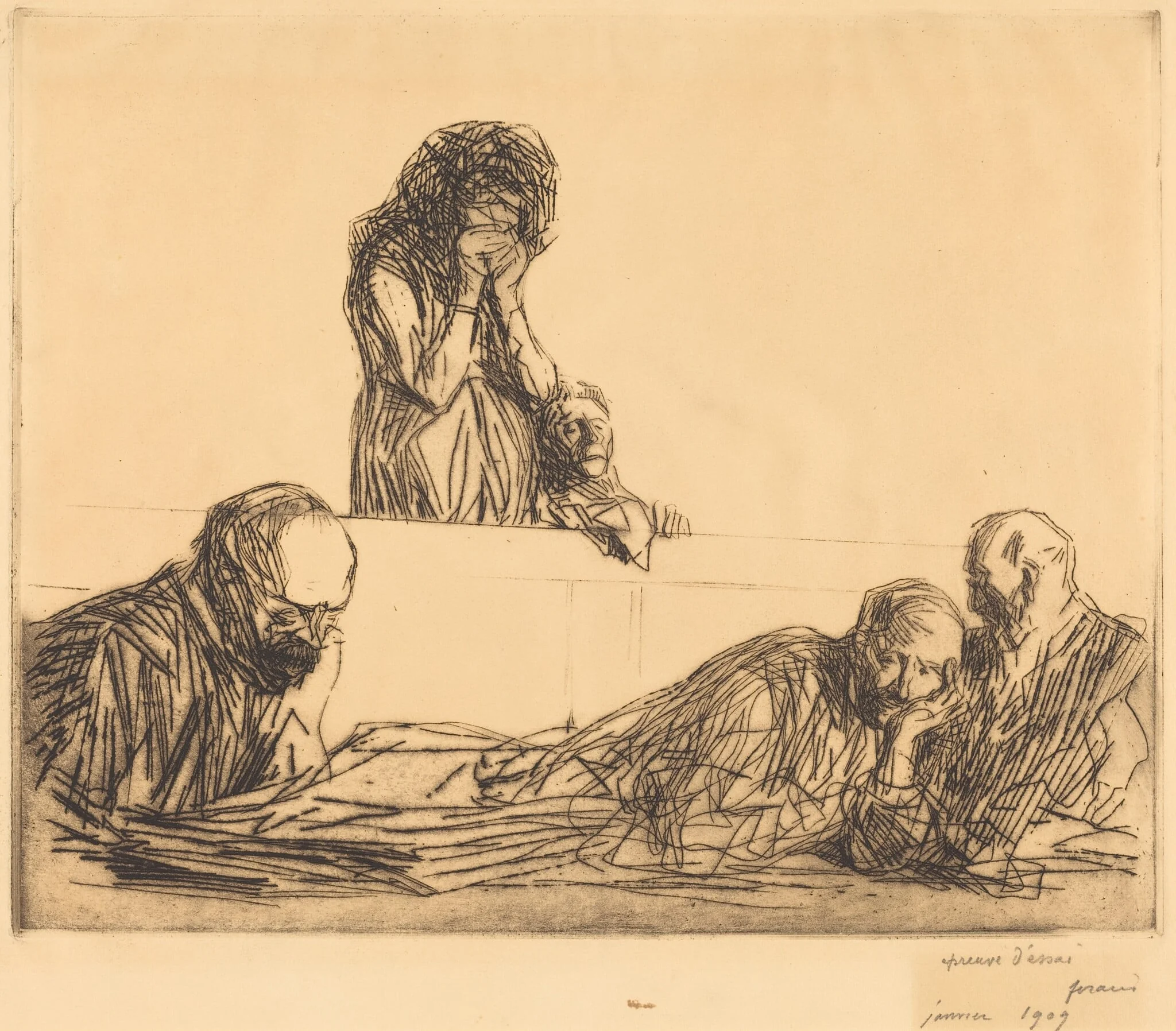 Fille-mère (1ère planche) (Unwed Mother) (first plate), by Jean-Louis Forain, ink, 1909
