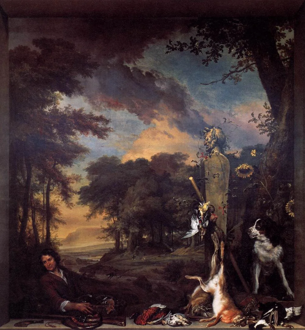 Landscape with Huntsman and Dead Game, by Jan Weenix, oil, 1699