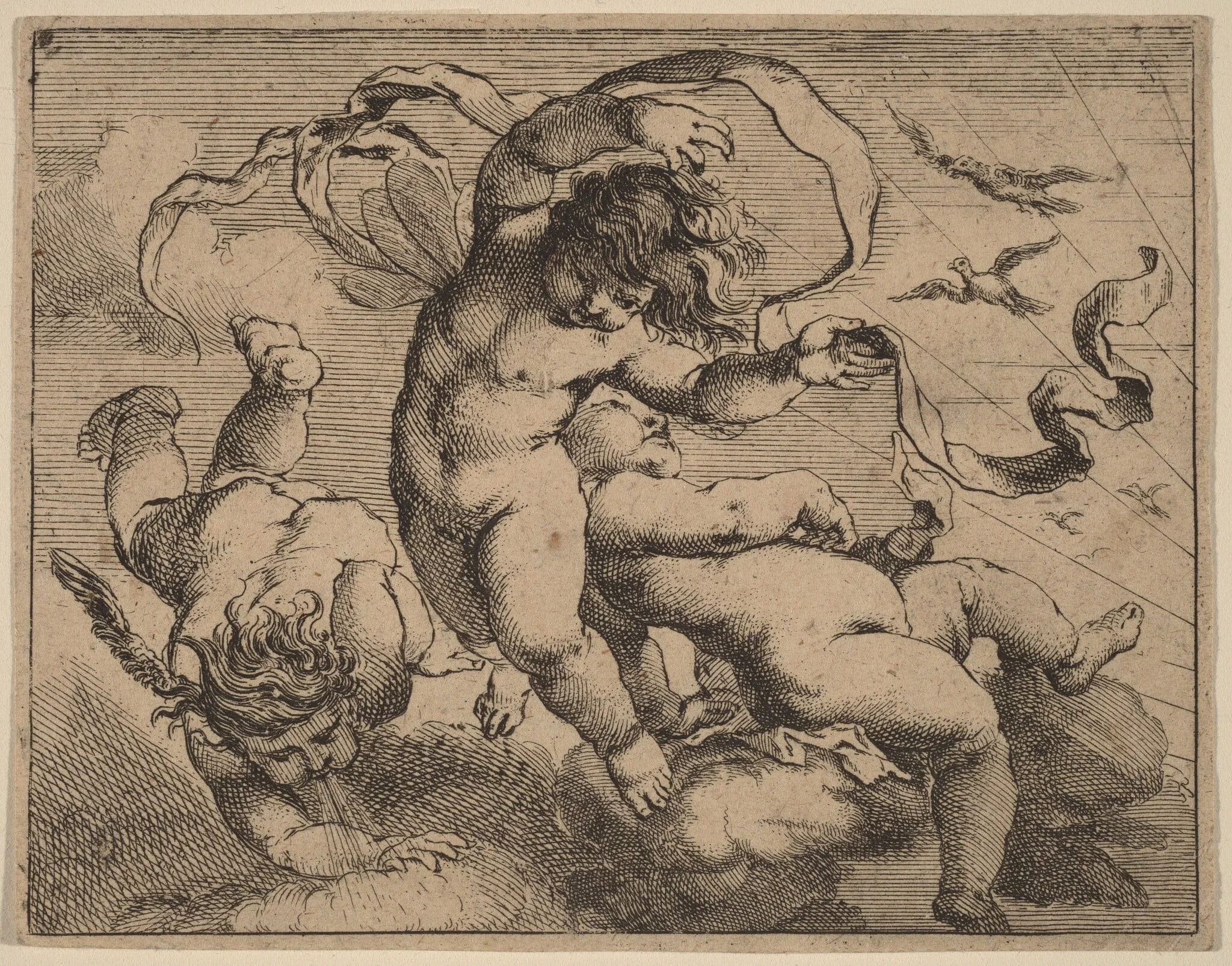 Three Flying Putti, by Cornelis Schut I, ink, 1626
