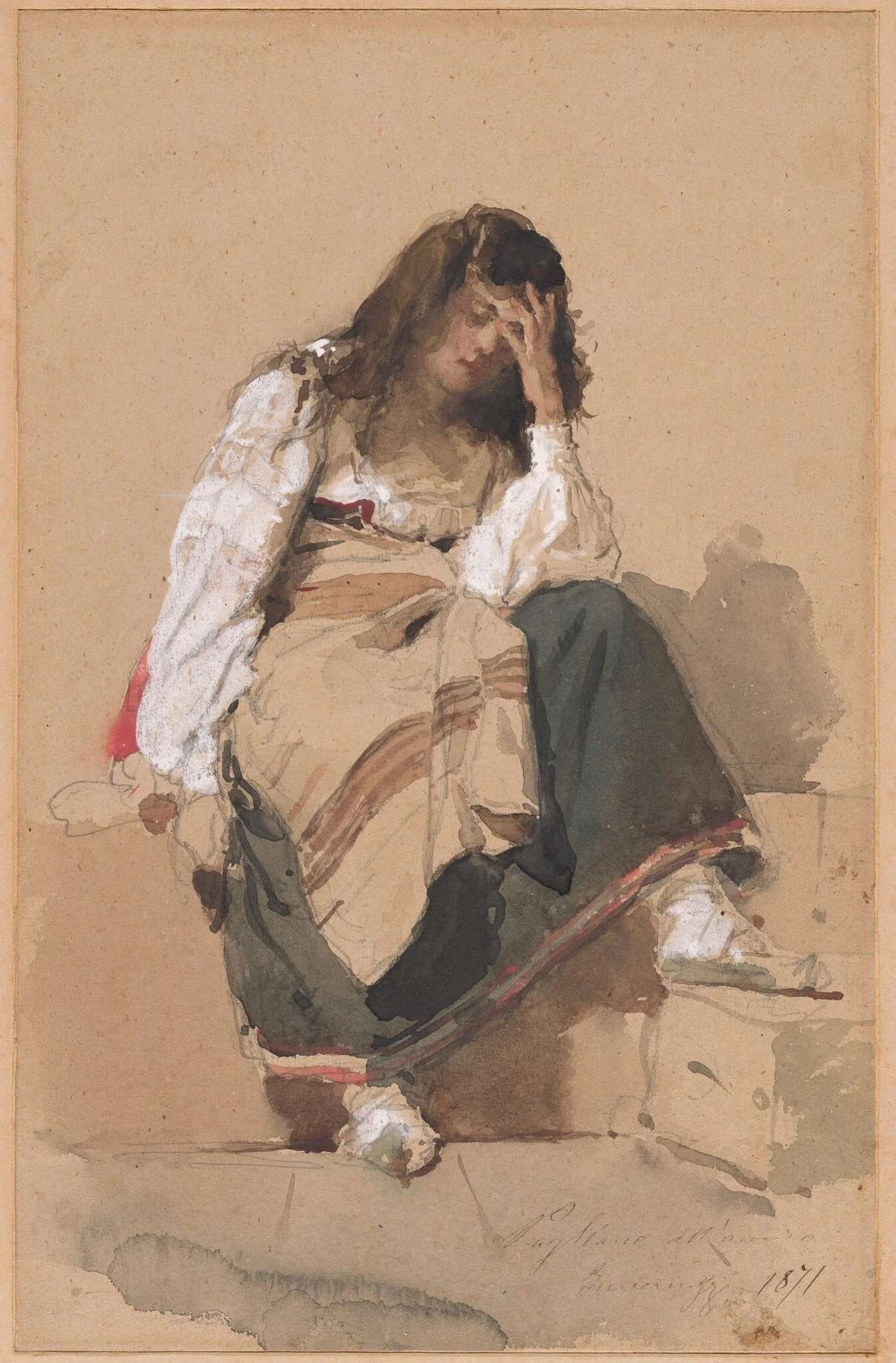 A Seated Peasant Girl in Contemplation, by Eleuterio Pagliano, watercolor, 1871
