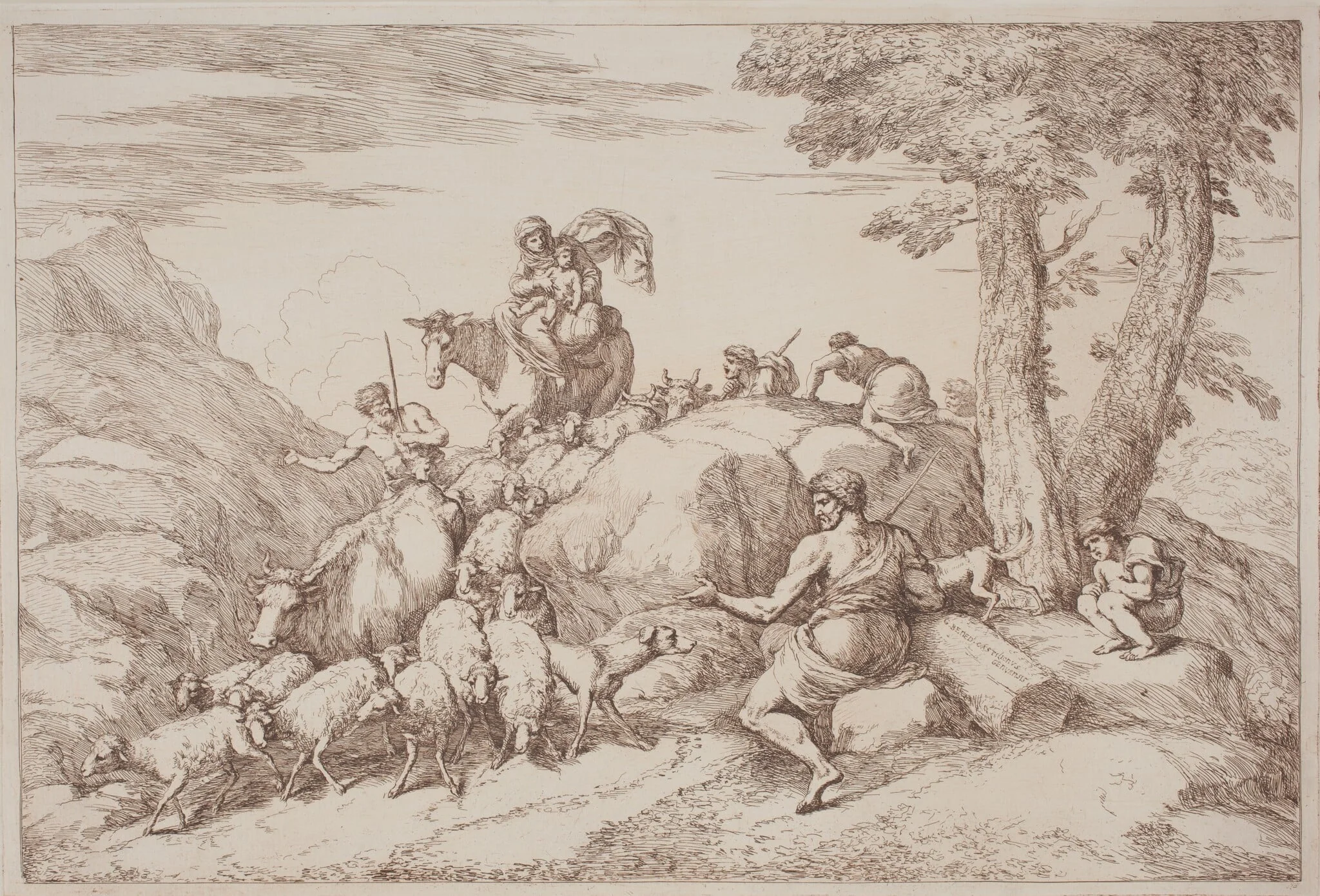 A Pastoral Journey with a Mother and Child on Horesback and an Elderly Shepherd Seated, by Gaetano Zompini, ink, 1758