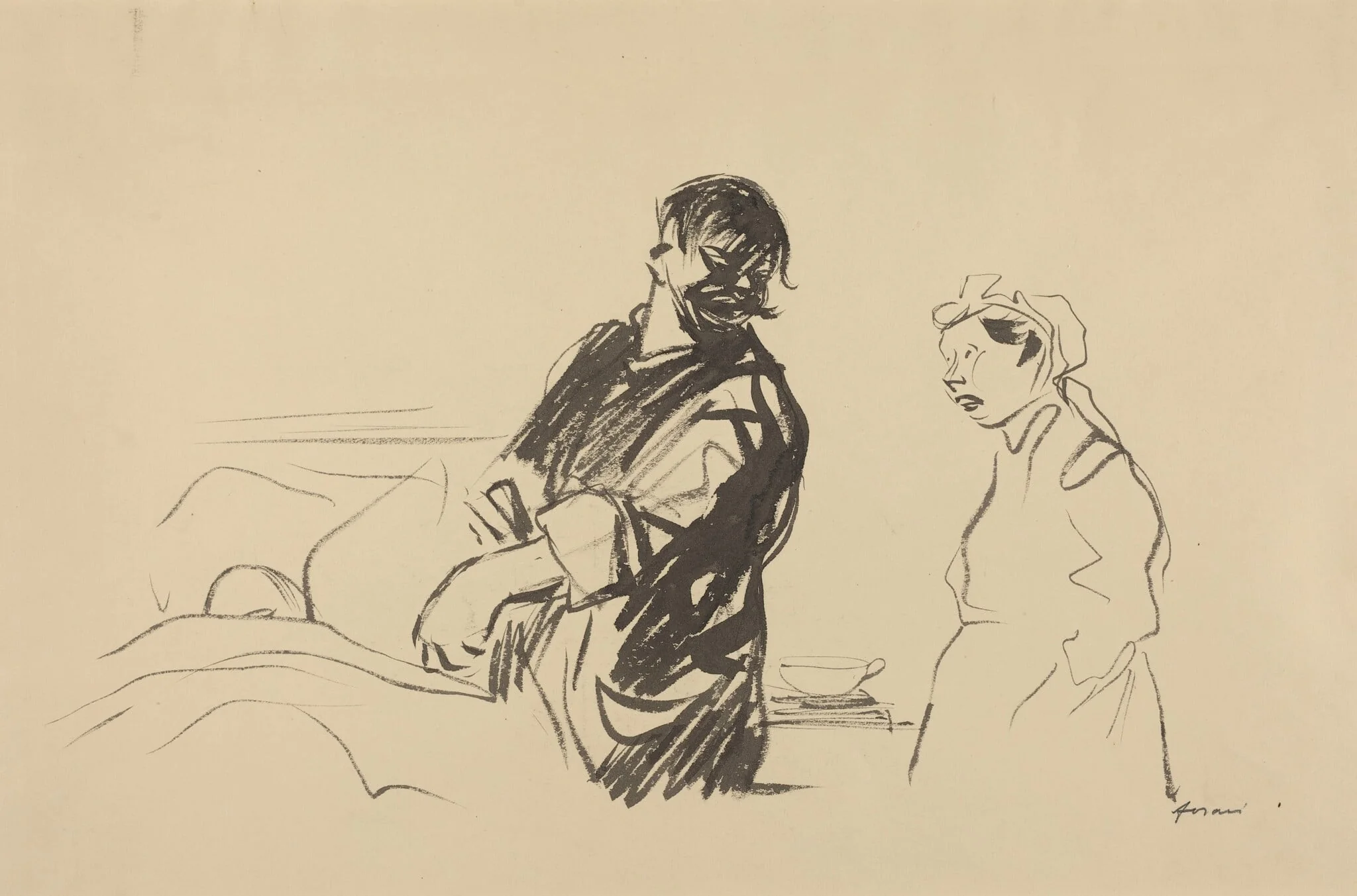 Hospital Scene, by Jean-Louis Forain, ink, 1916