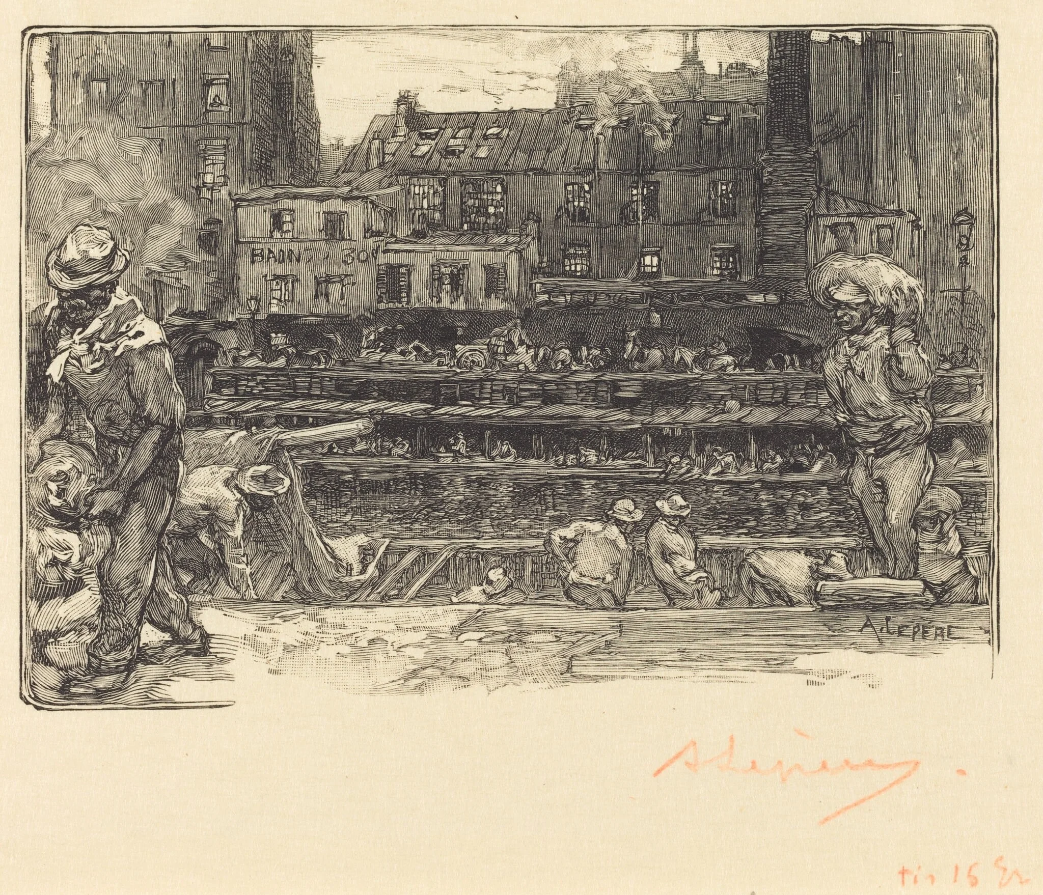 Unloading, Canal St. Martin (Les dechargeurs de platre, Canal Saint-Martin), by Auguste Lepère, ink, 1890