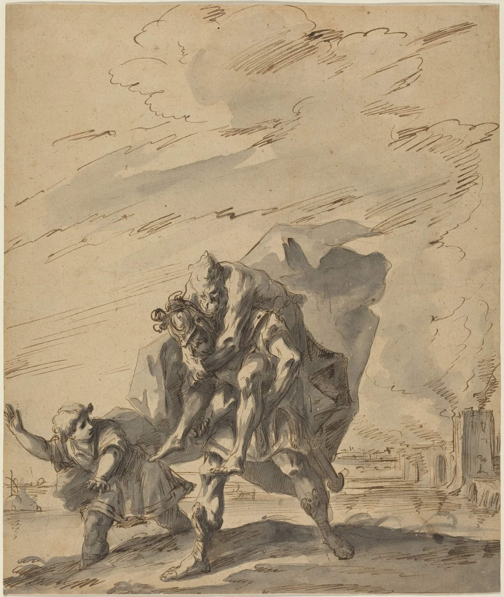 Aeneas Carrying Anchises from Burning Troy, by Gaspare Diziani, ink, 1733