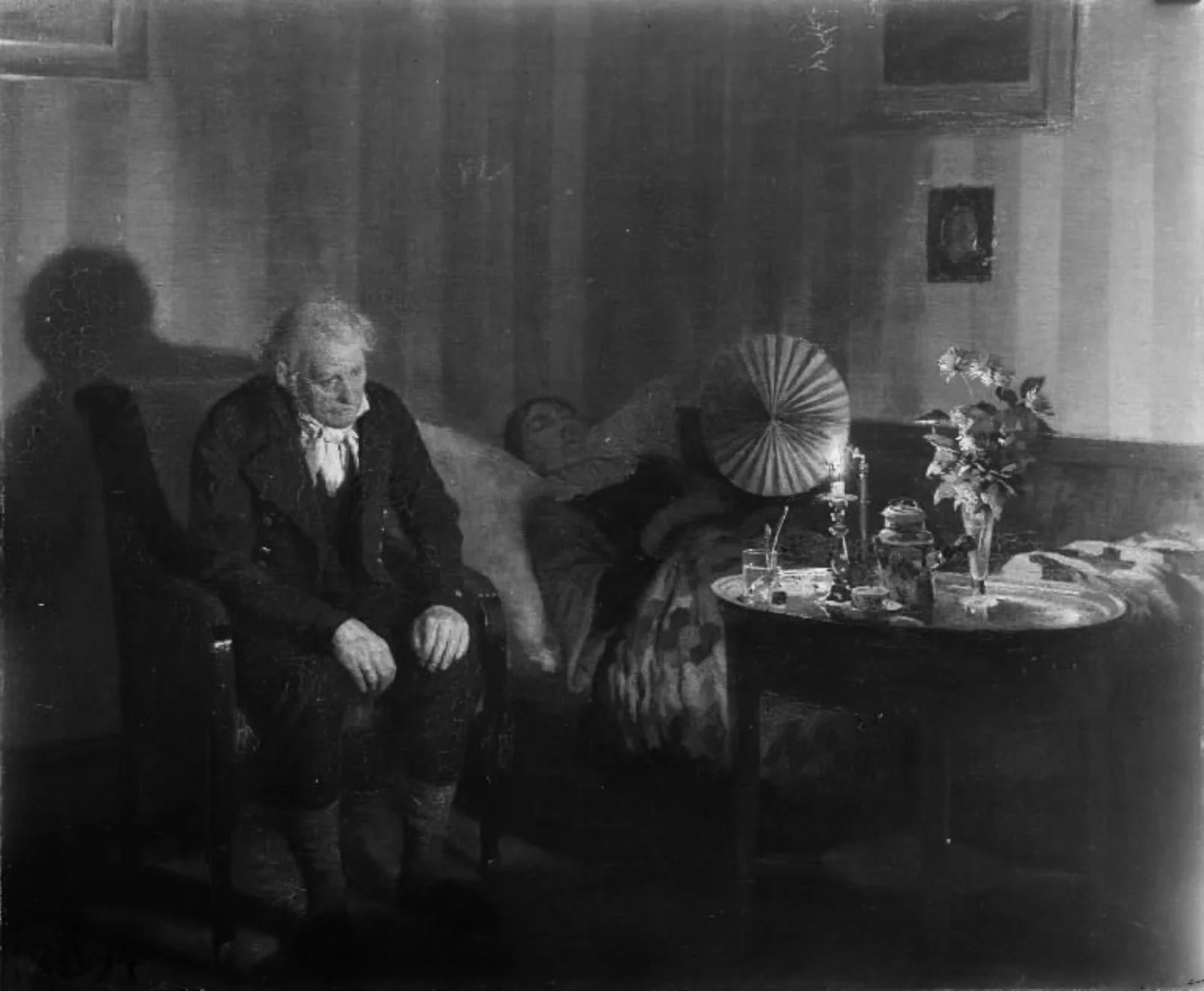 Rahbek ved sin hustrus dødsleje, by Unknown, 1894