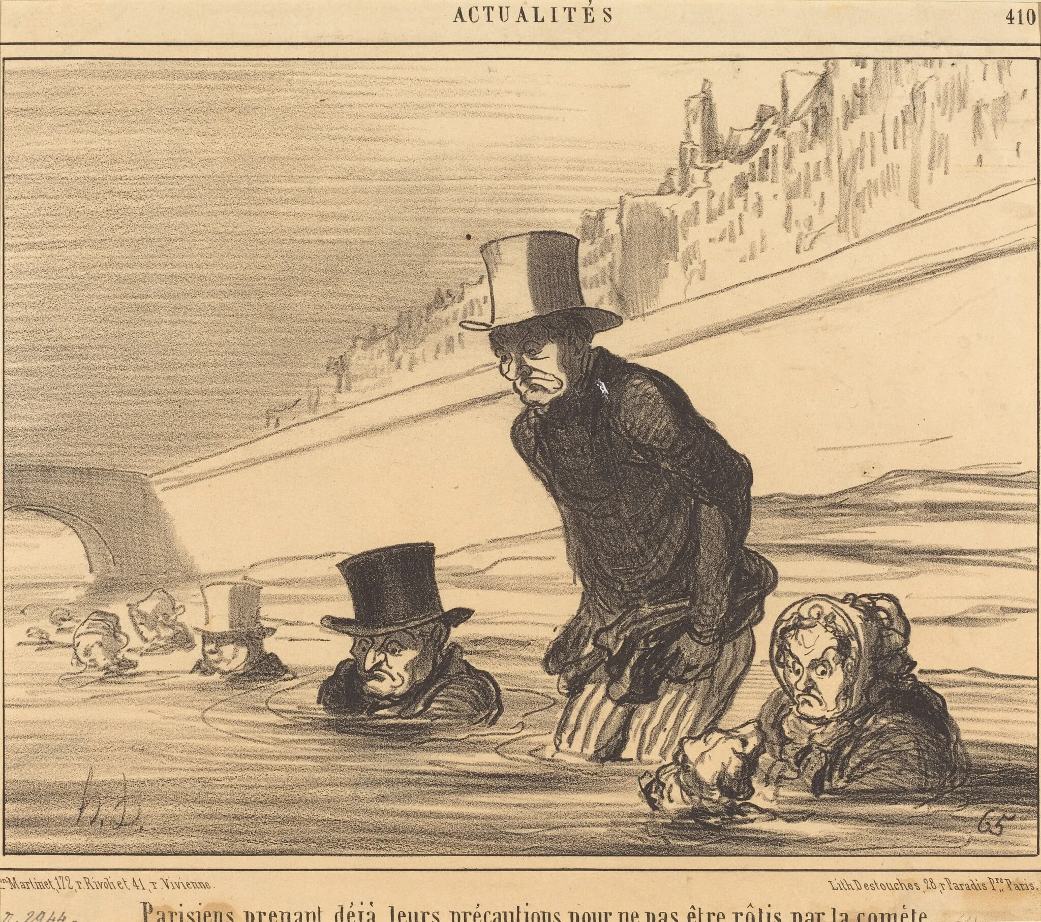 Parisiens prenant... leurs précautions..., by Honoré Daumier, ink, 1857