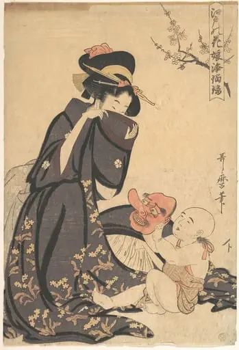 江戸の花　娘浄瑠璃|A Woman Playing with a Young Boy