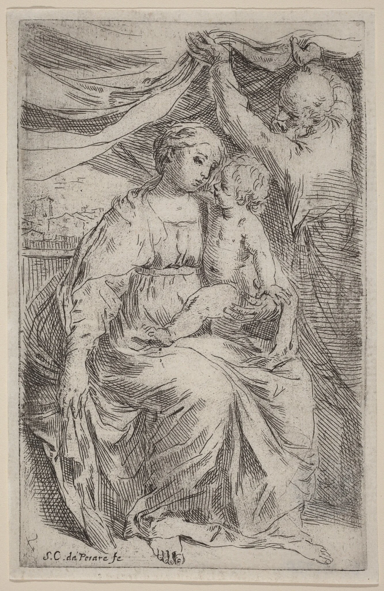 The Holy Family, by Simone Cantarini, ink, 1630