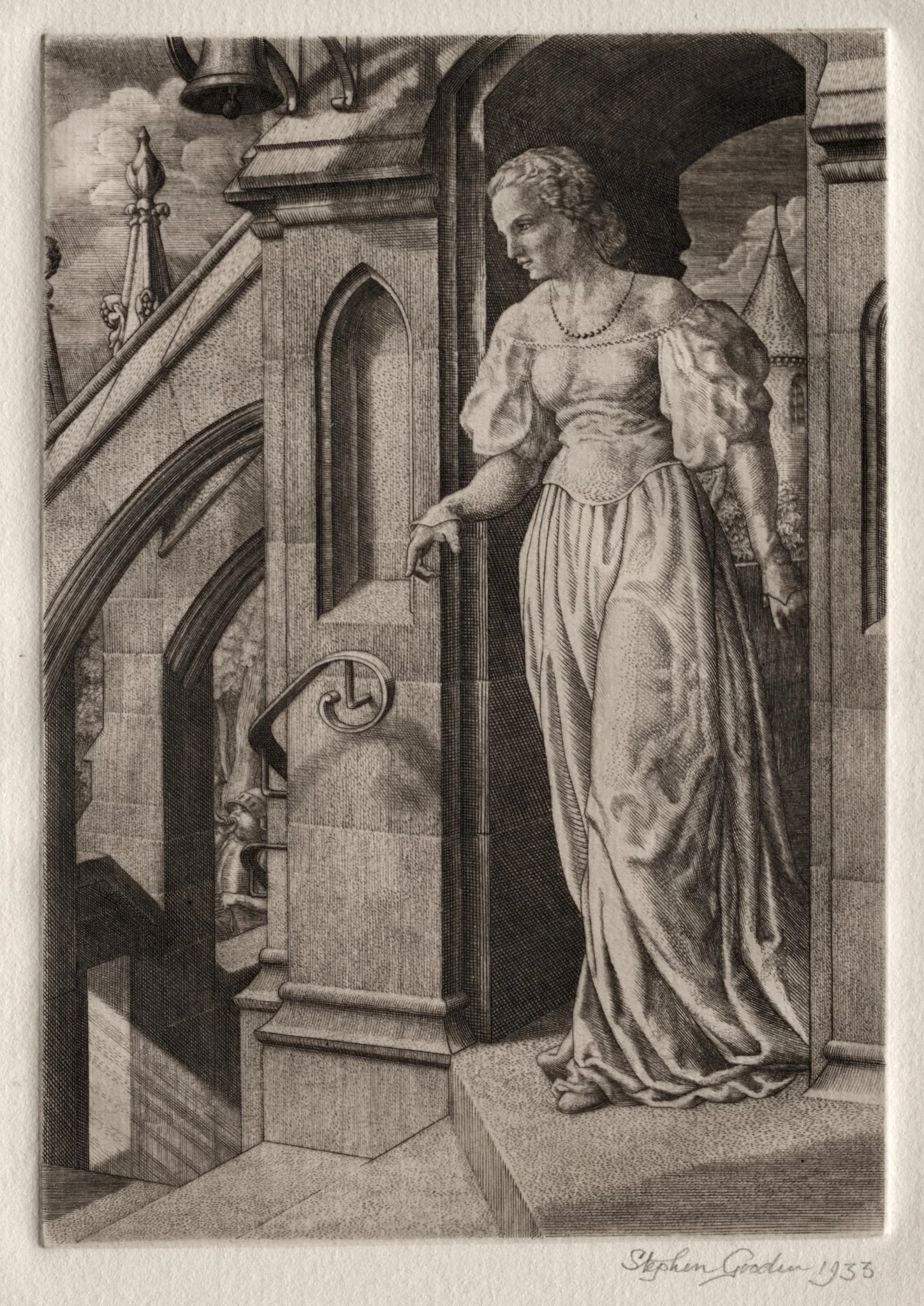 Illustration for "Peronnik the Fool":  Redemonde on the Staircase, by Stephen Gooden, 1933