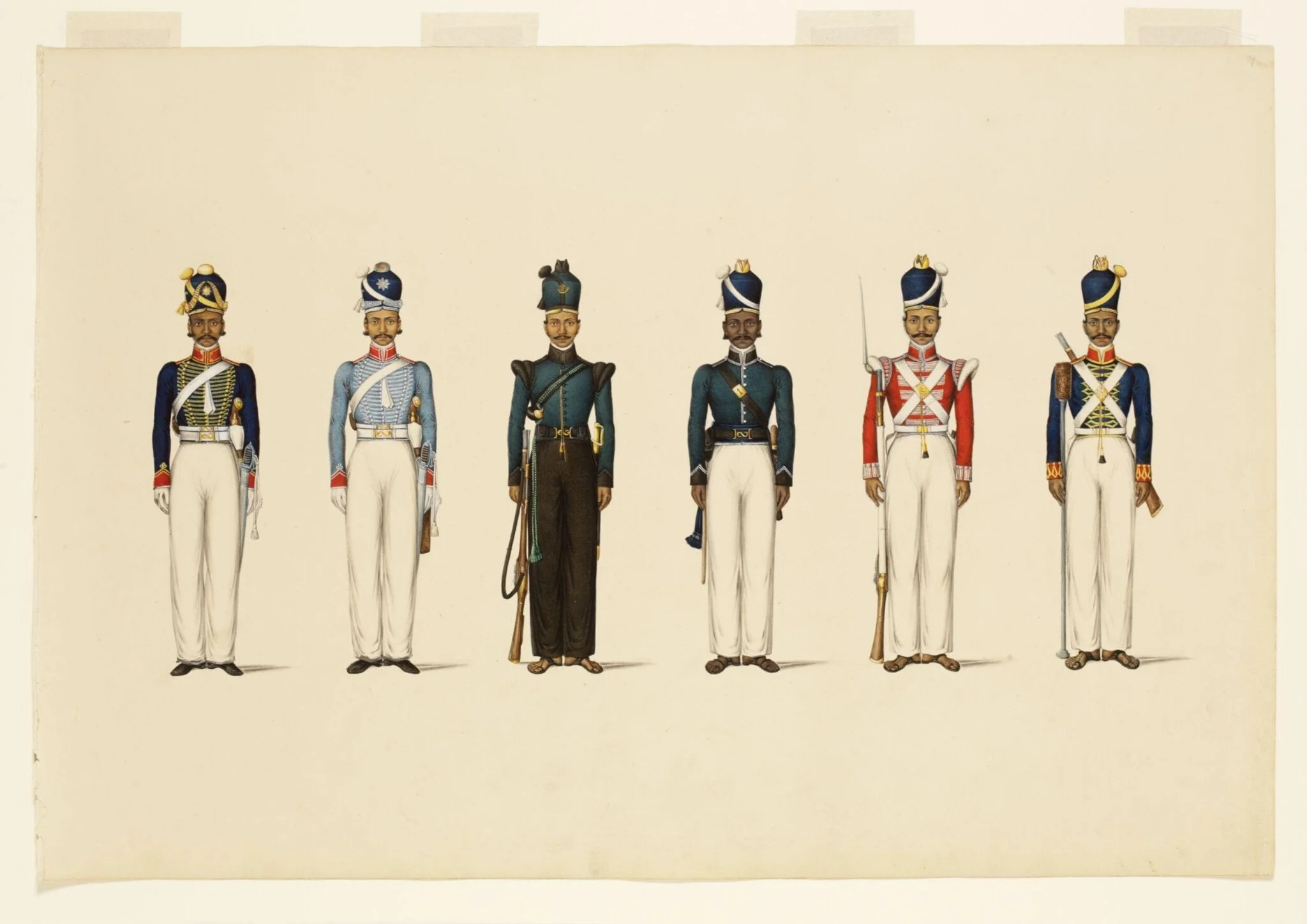 Six figures depicting military uniforms, by Unknown, paint, 1830