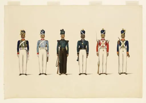 Six figures depicting military uniforms
