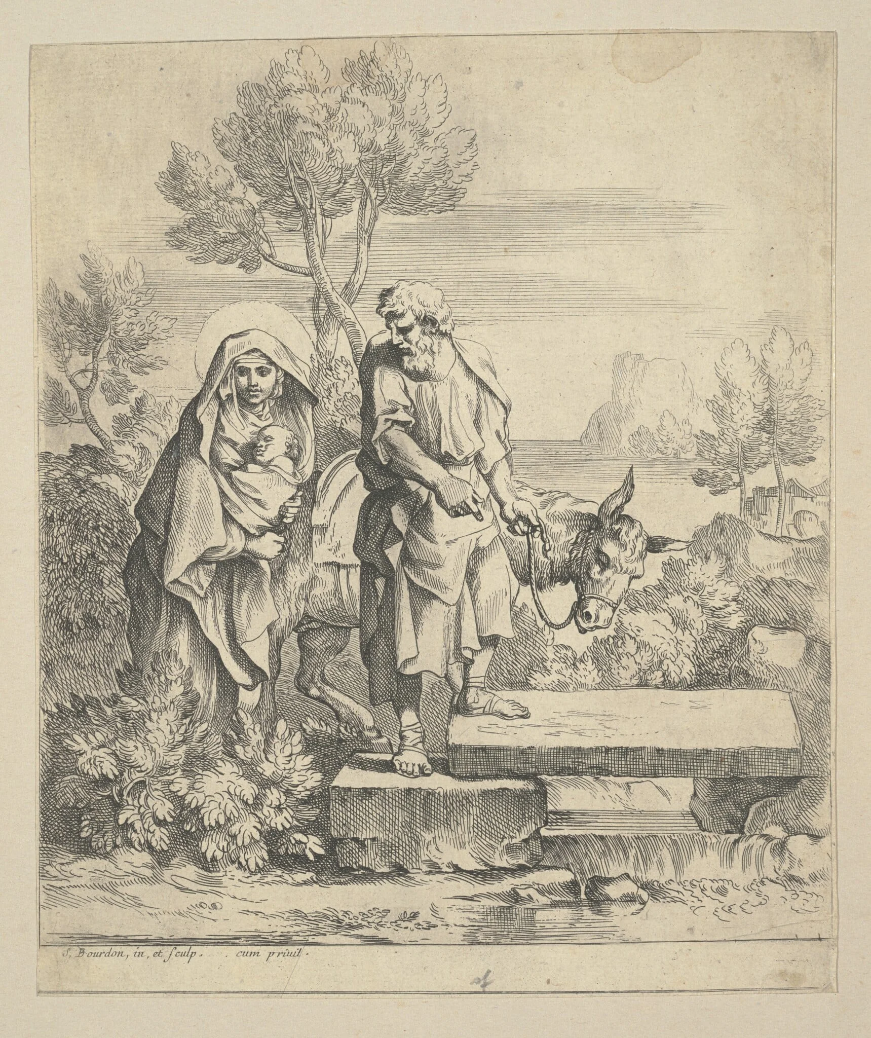 Flight into Egypt, by Sébastien Bourdon, ink, 1654