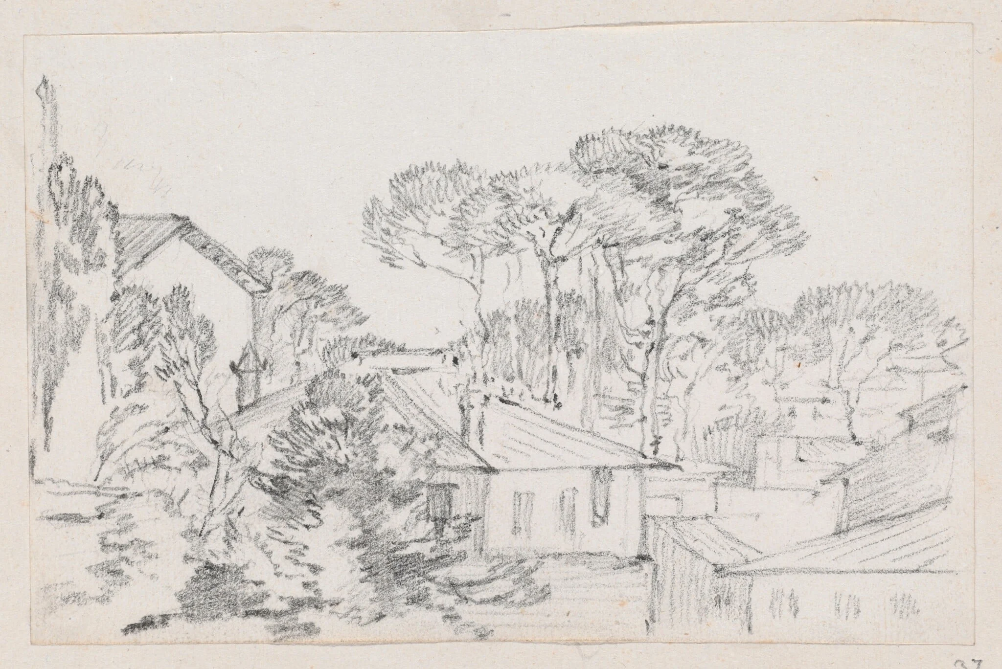 Rooftops and Umbrella Pines, by Joseph-Marie Vien, graphite, 1747