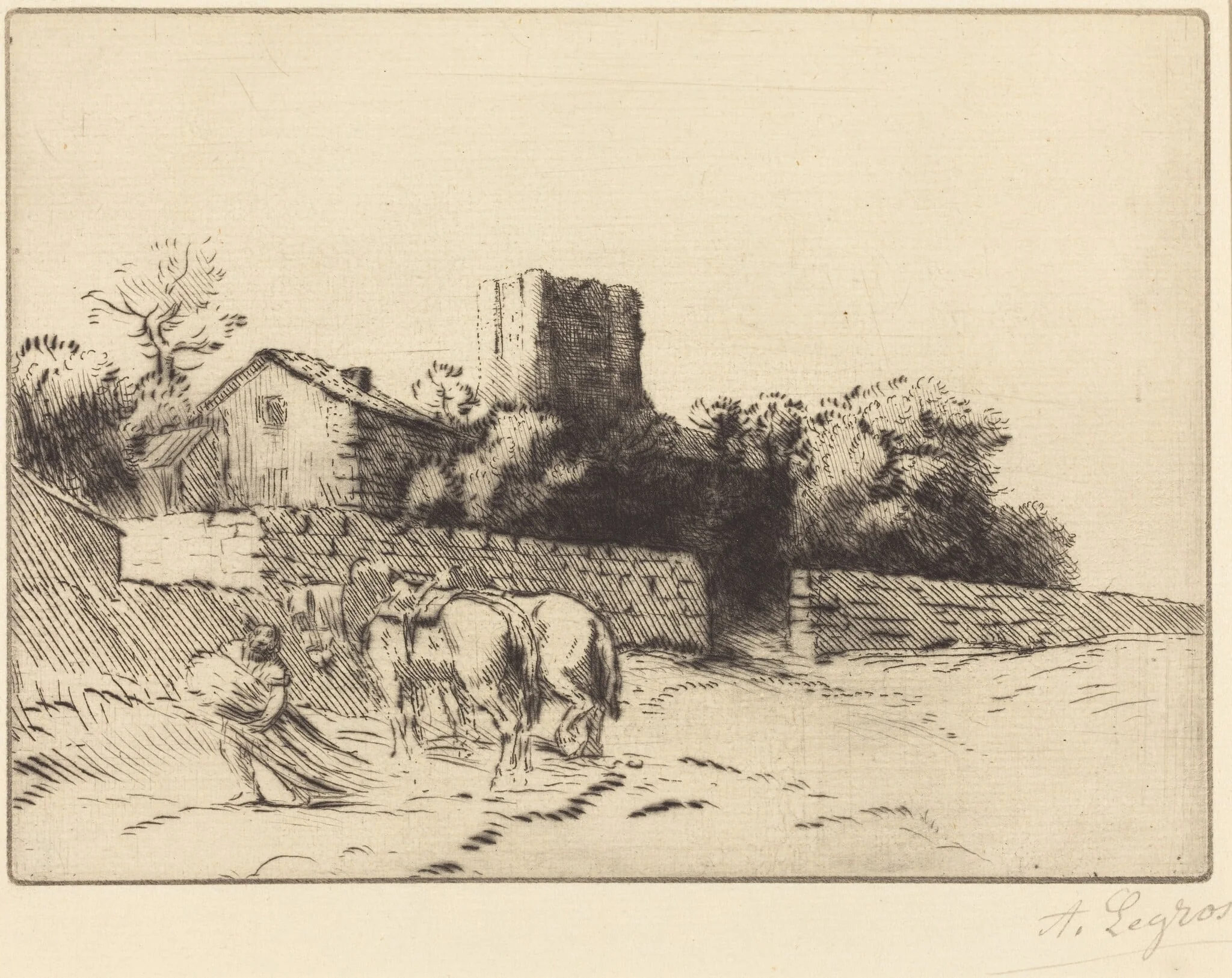 Rectory Wall (Le mur du presbytere), by Alphonse Legros, ink, 1874