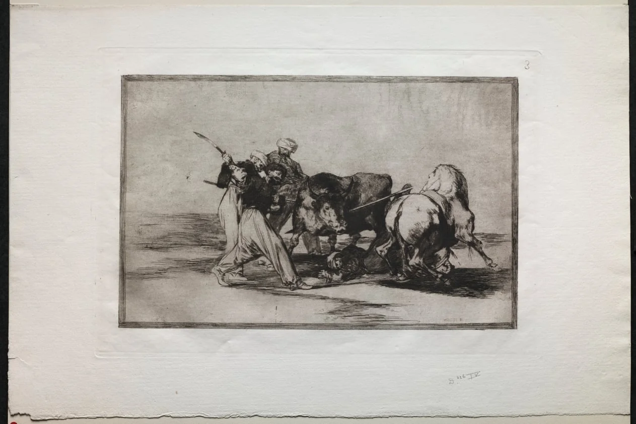 Bullfights: The Moors Settled in Spain, Giving Up the Superstitions of the Qur’an, Adopted this Art of Hunting, and Spear a Bull in the Open, by Francisco Goya, 1816
