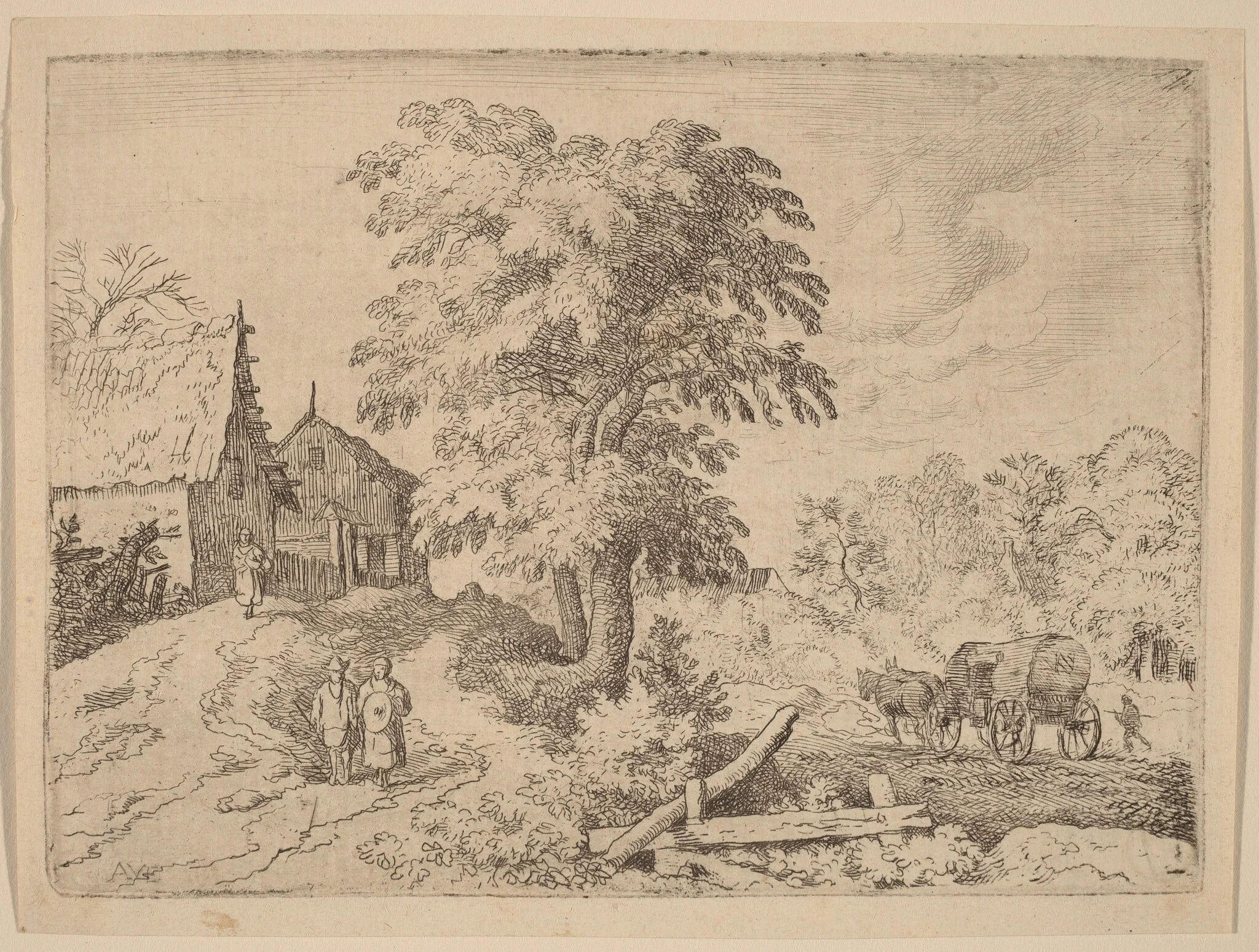 Cart with Two Draft Horses, by Allart van Everdingen, ink, 1650