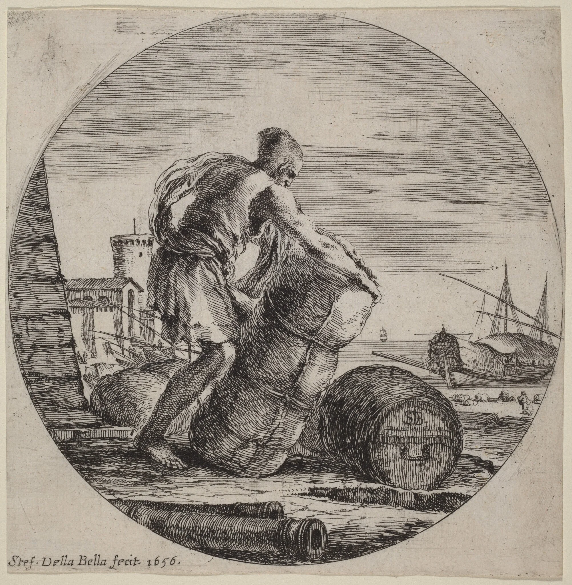 Galley Slave Hauling a Ship's Cargo, by Stefano Della Bella, ink, 1656