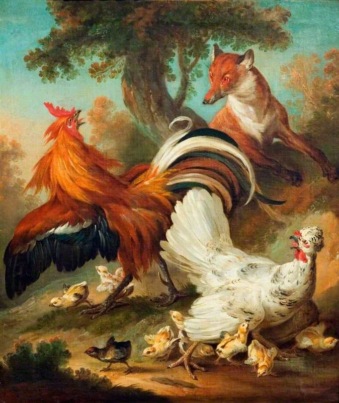 Cock, Hen and Chickens Surprised by a Fox, by Jean-Baptiste Oudry, oil, 1730