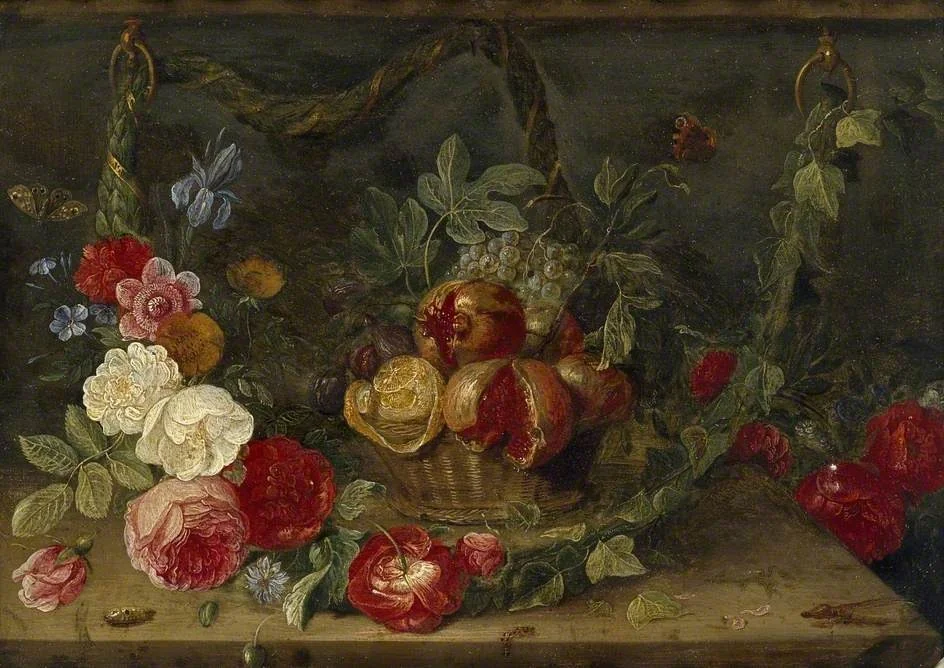 Decorative Still-Life Composition with a Basket of Fruit, by Jan van Kessel the Elder, oil, 1662