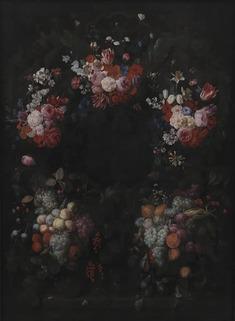Stone Cartouche with Fruit and Flower Garland