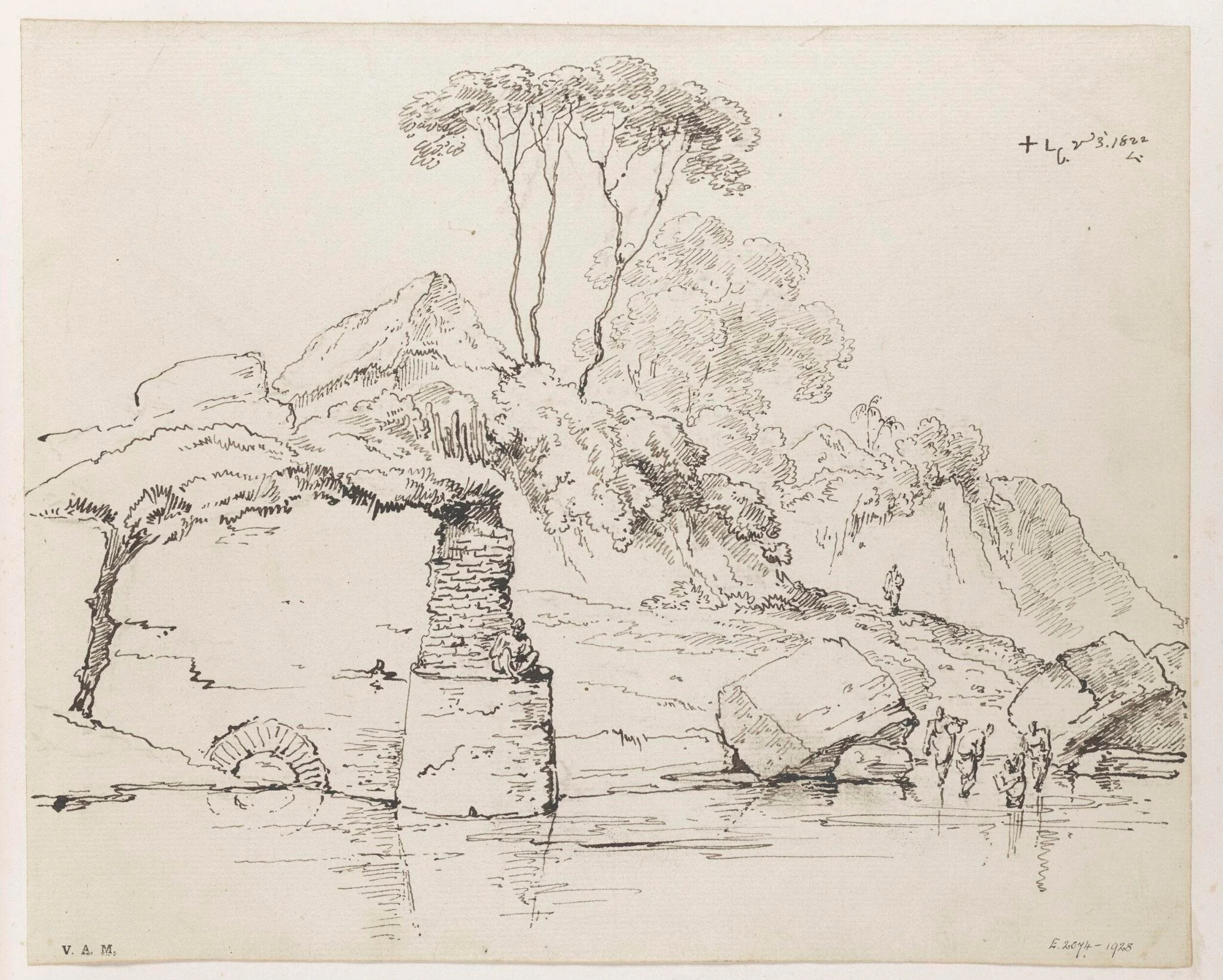 Ruined walls and rocks on a bank of the River Hugli, by George Chinnery, 3