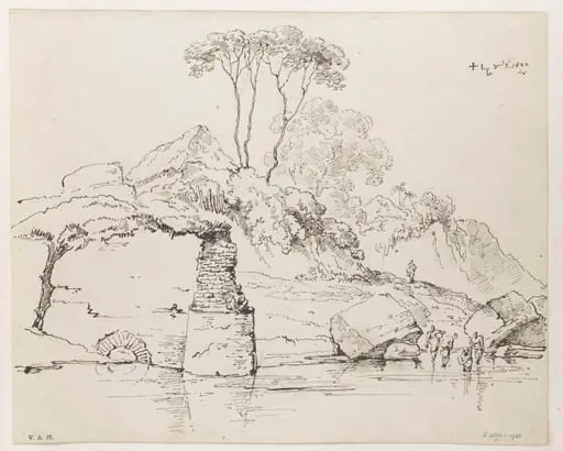 Ruined walls and rocks on a bank of the River Hugli