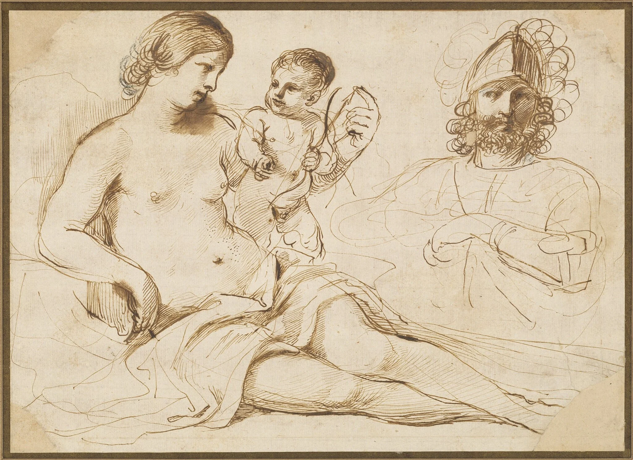 Venus, Cupid, and Mars, by Guercino, ink, 1634