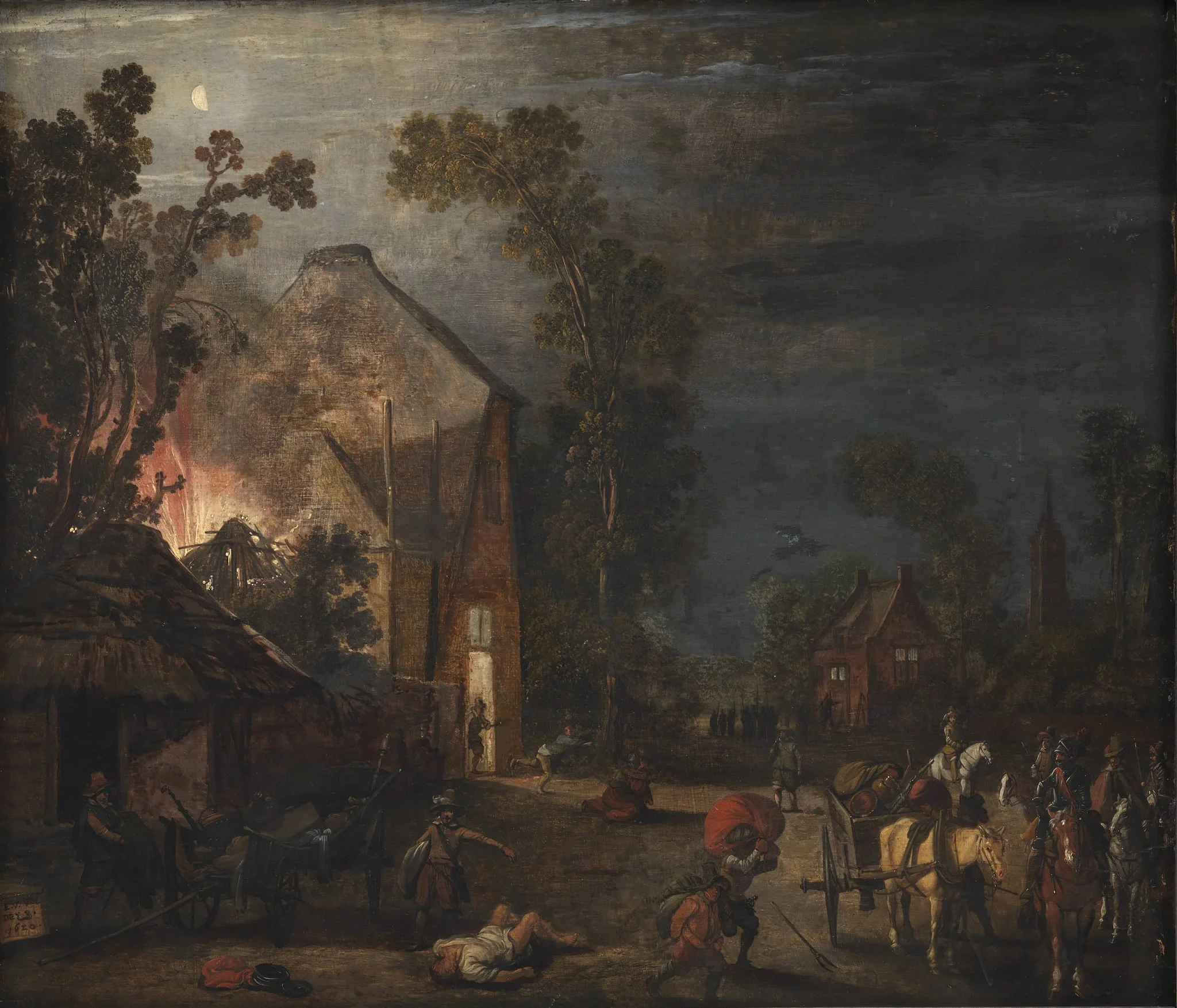 A Village Looted at Night, by Unknown, 1620