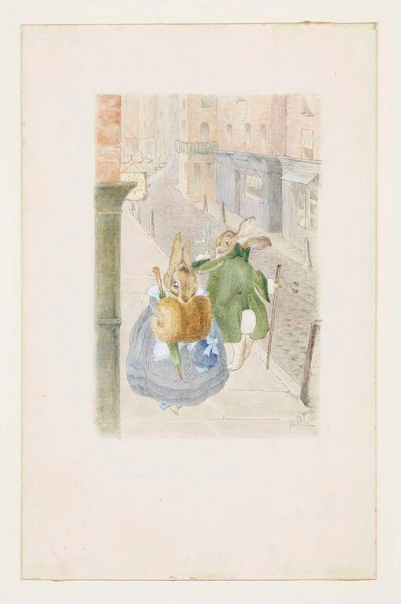 Lady rabbit and gentleman rabbit passing on the street, by Beatrix Potter, watercolor, 1890