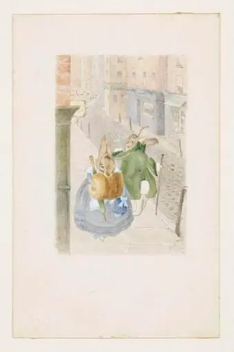 Lady rabbit and gentleman rabbit passing on the street