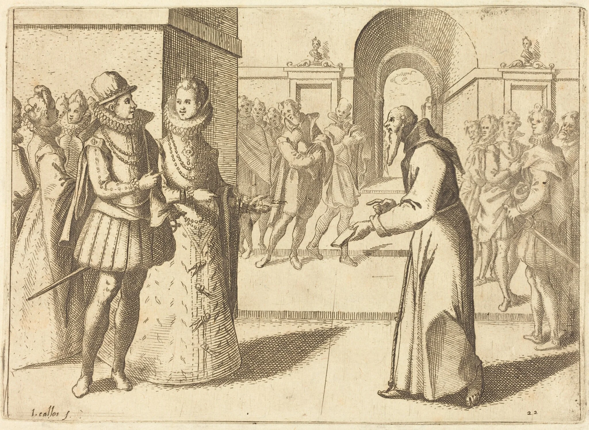 A Capucin Bringing Thanks of the King of Bavaria, by Jacques Callot, ink, 1612