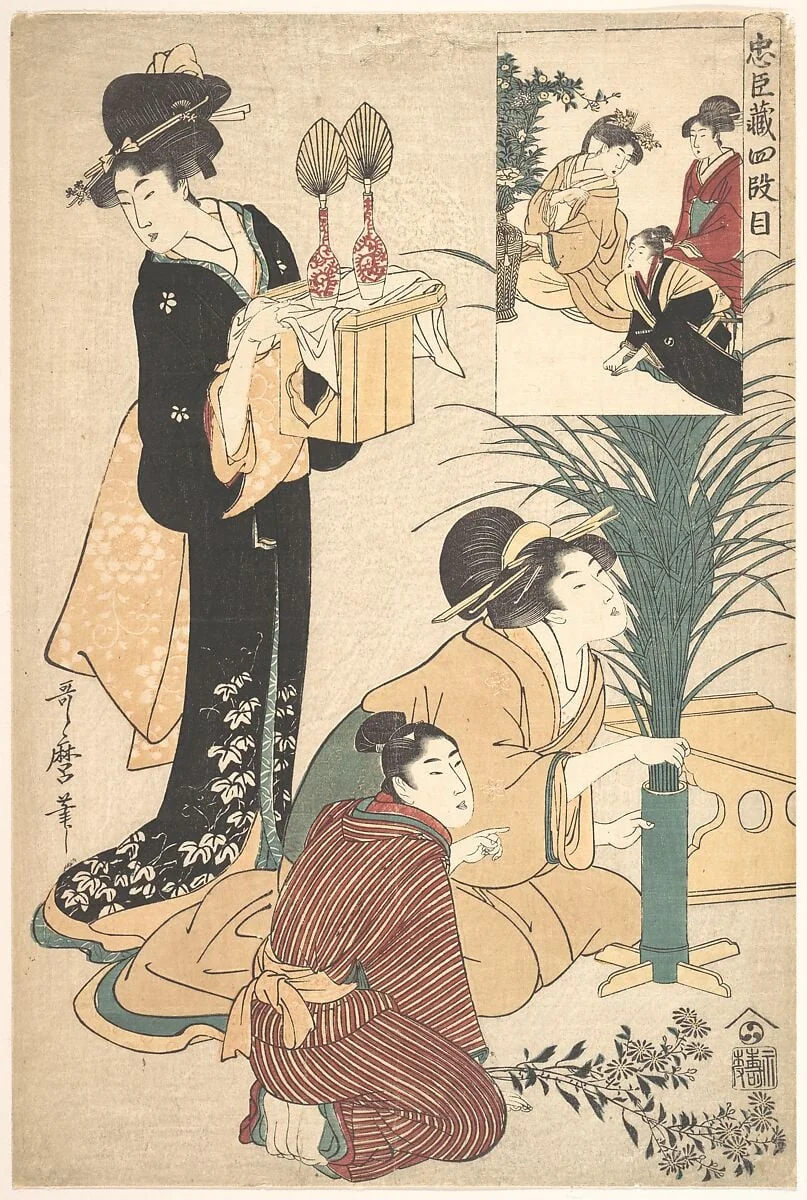 忠臣蔵四段目|A Woman and a Man Arranging Flowers for the Tsukimi (Moon Festival), by Kitagawa Utamaro, ink, 1802