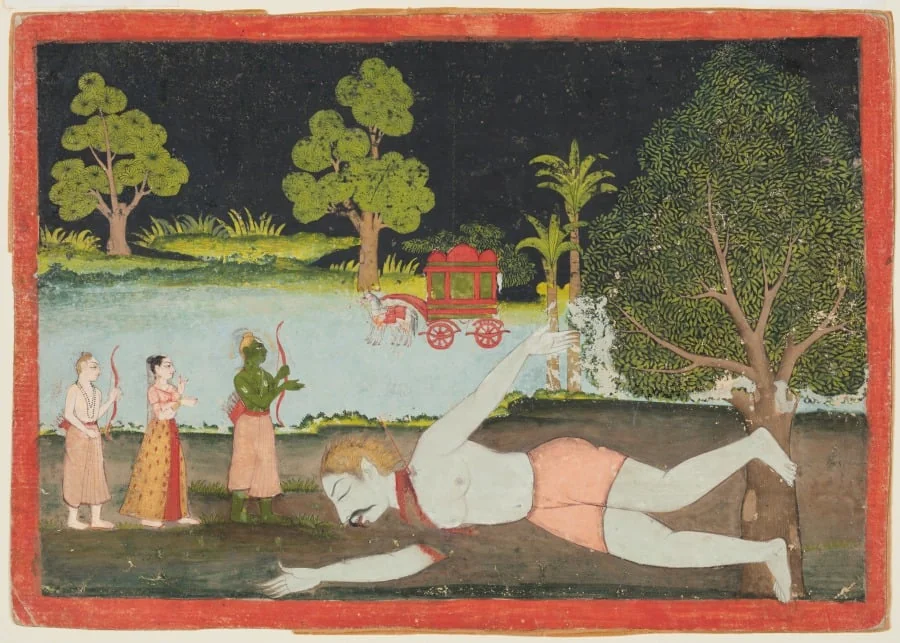 Rama and Lakshmana slay the demon giant Viradha, from Chapters 2 through 4 of the Aranya Kanda (Book of the Forest) of a Ramayana (Rama’s Journey), by Unknown, unspecified, 1770