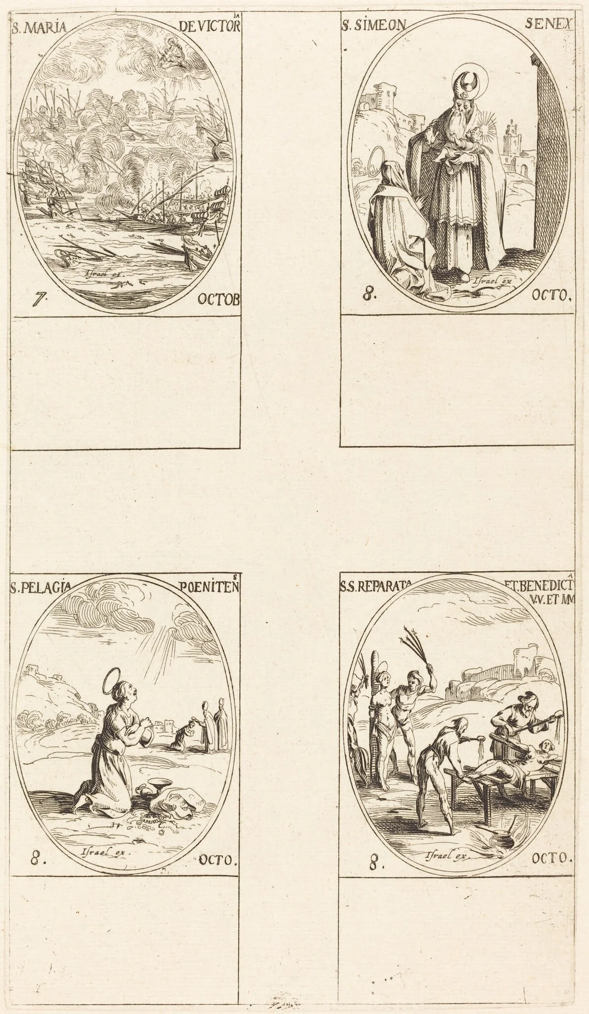 St. Mary of Victory; St. Simeon, Prophet; St. Pelagia; Sts. Reparata and Benedicta, by Jacques Callot, ink, 1634