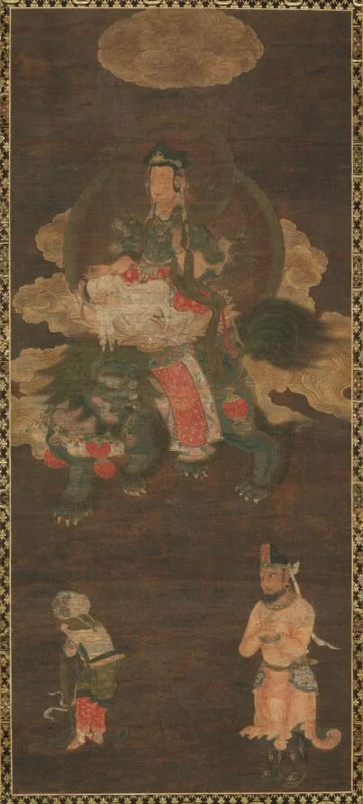 Shakyamuni Triad: Buddha Attended by Manjushri and Samantabhadra (Bodhisattva with Lion), by Unknown, unspecified, 1304