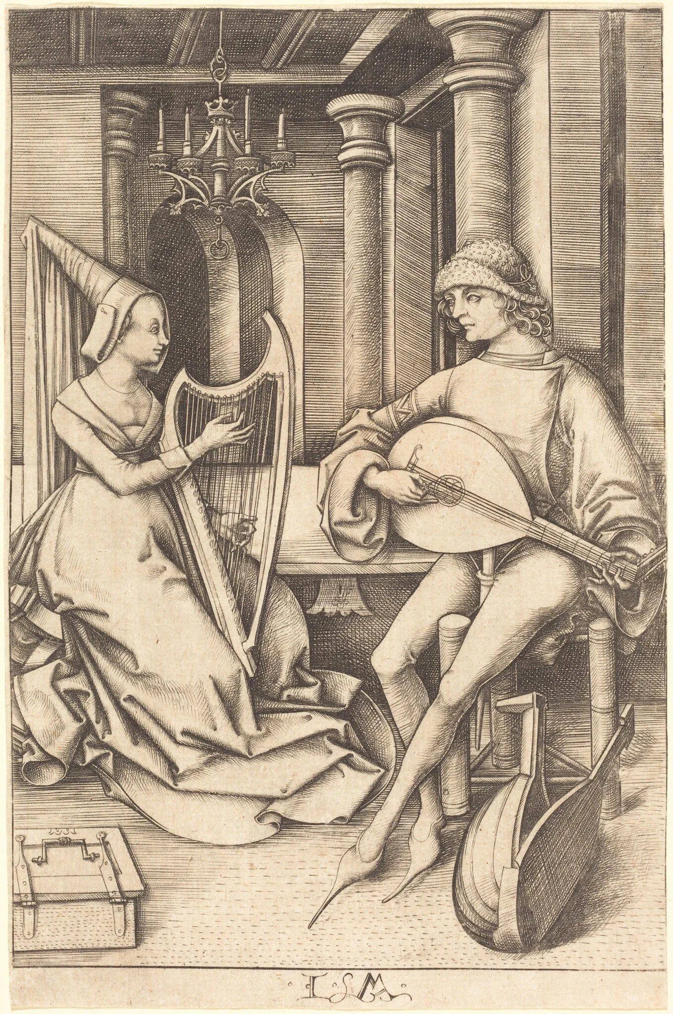 The Lute Player and the Harpist, by Israhel van Meckenem, ink, 1499