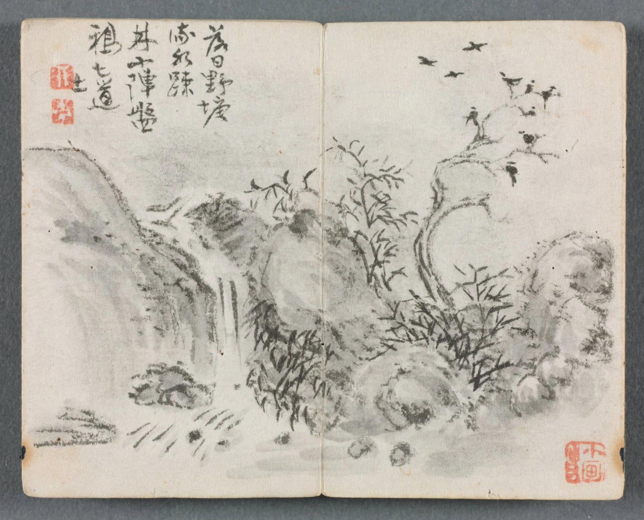 Miniature Album with Figures and Landscape (Waterfall Landscape), by Zeng Yandong, unspecified, 1822