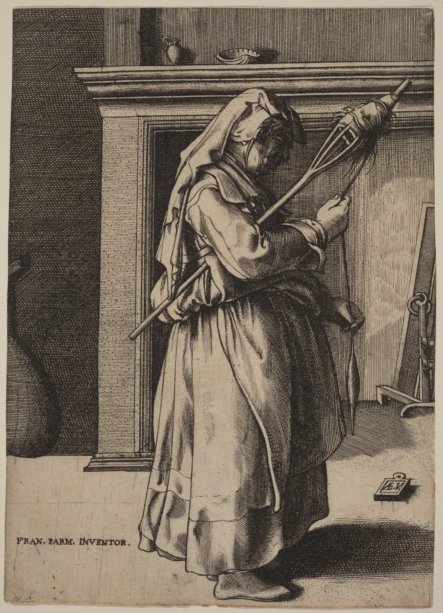 Old Woman with a Distaff, by Enea Vico, ink, 1545