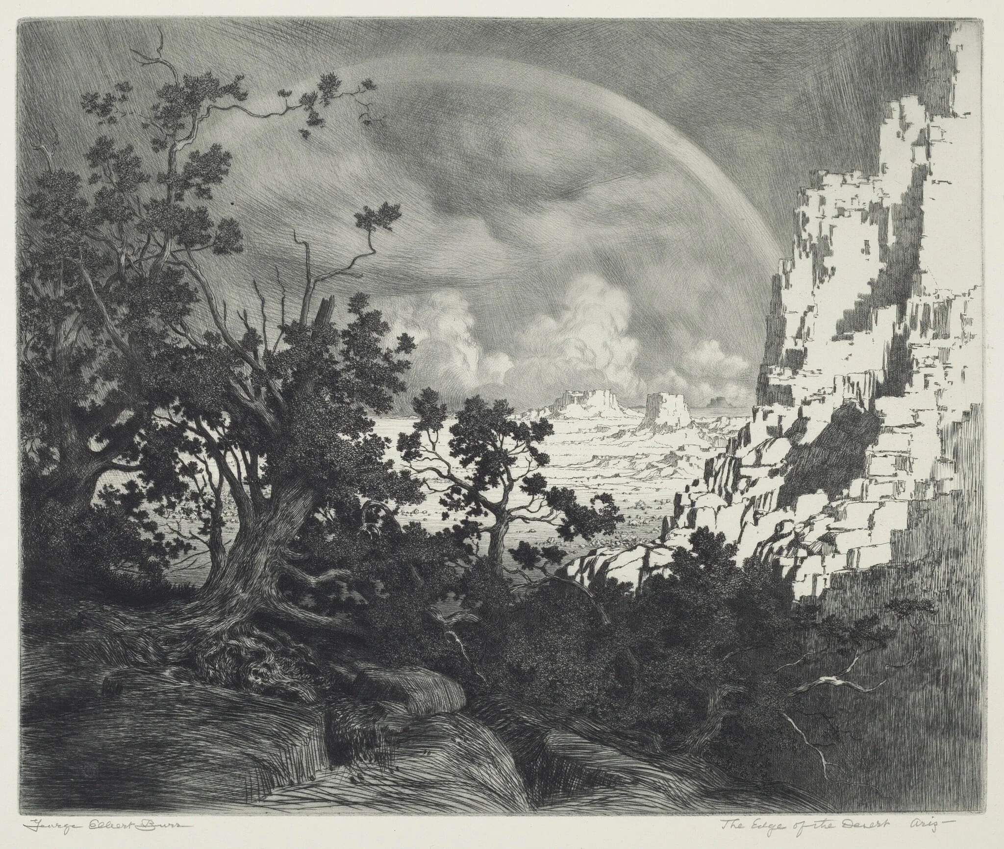The Edge of the Desert, Arizona, by George Elbert Burr, ink, 1926