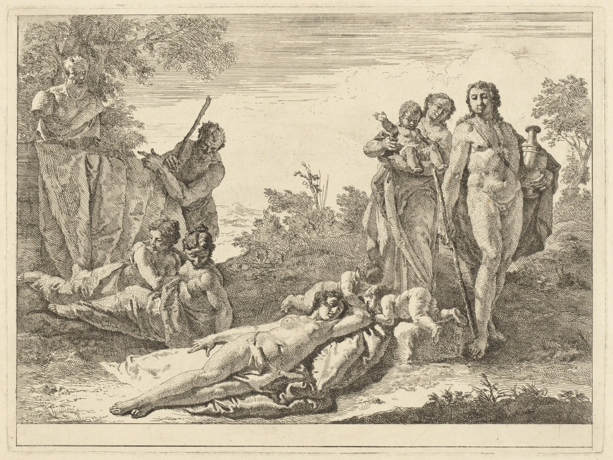 Nine Figures around a Herm of Pan, by Francesco Fontebasso, ink, 1744