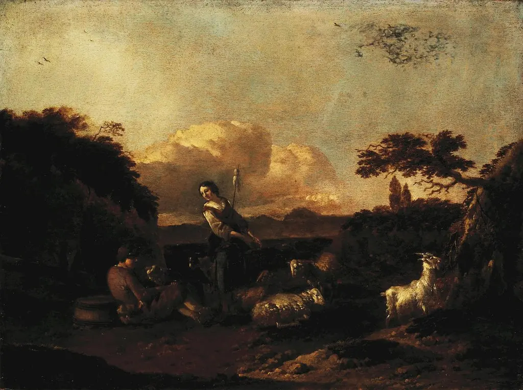 Shepherdess and a Flock of Sheep