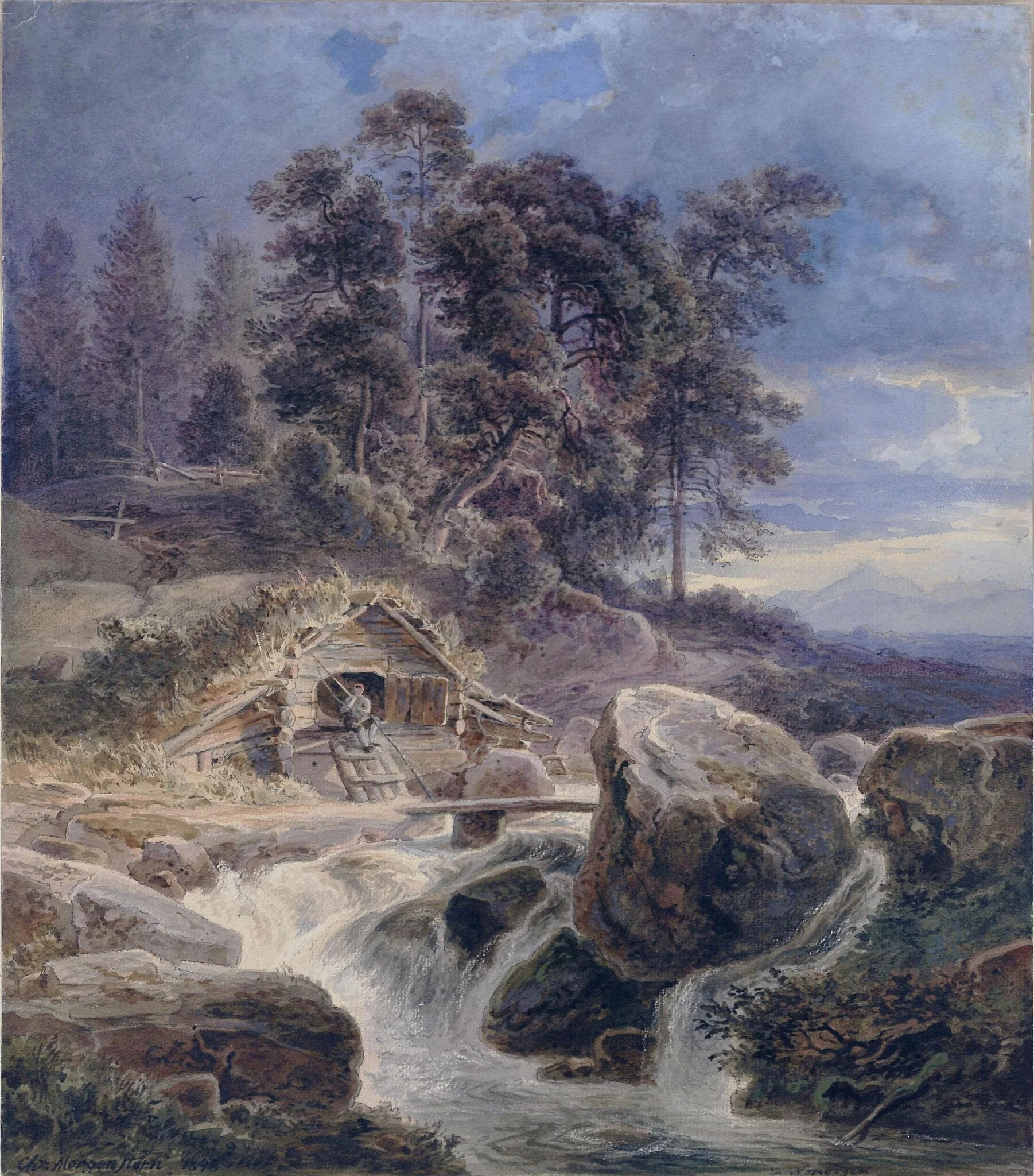 Mountain torrent, Norway, by Christian Ernst Bernhard Morgenstern, watercolor, 1846