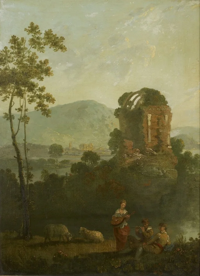 Pastoral Scene with Musicians by a classical Ruin, by Richard Wilson, oil, 1757