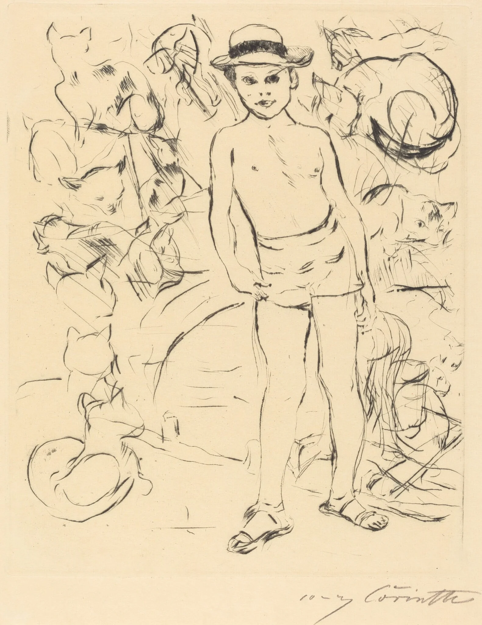 Knabe mit Badehose und Strohhut (Boy Wearing Bathing-Trunks and Straw Hat), by Lovis Corinth, ink, 1915