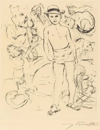Knabe mit Badehose und Strohhut (Boy Wearing Bathing-Trunks and Straw Hat)