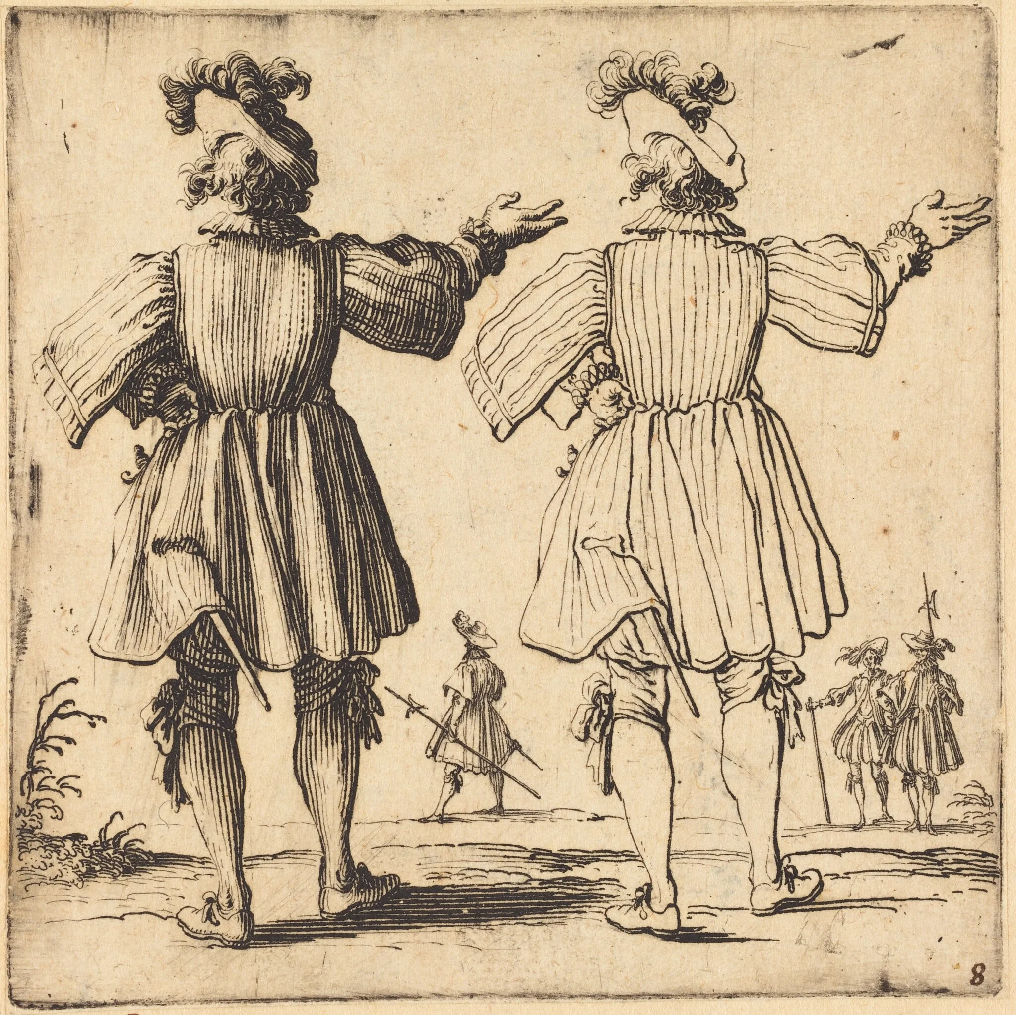 Officer with Plume, Seen from Behind, by Jacques Callot, ink, 1622