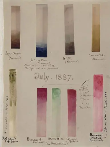 Specimens of watercolours painted to test the  stability of the pigments