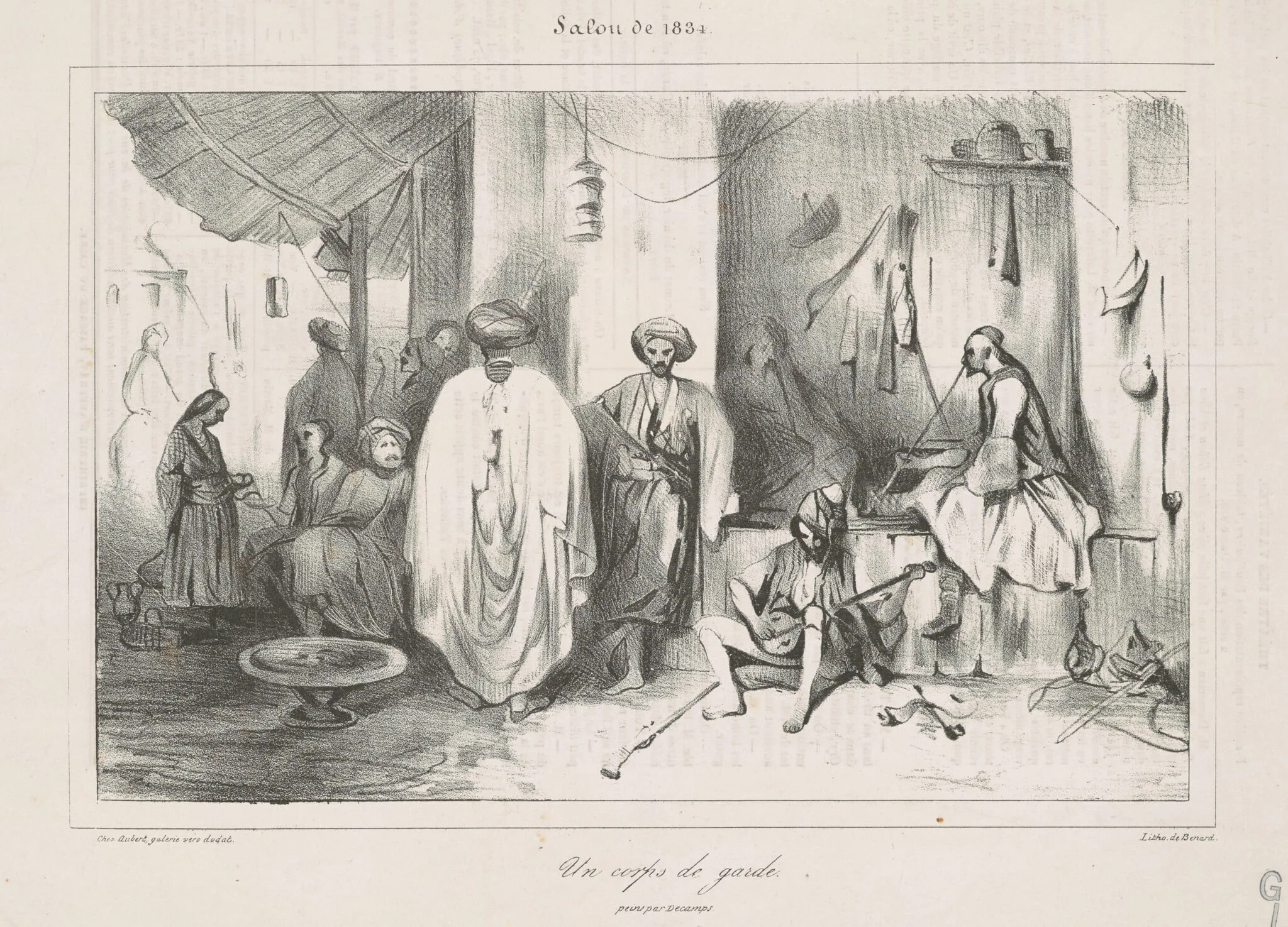 Un corps de garde peint par Decamps, by Honoré Daumier, ink, 1834
