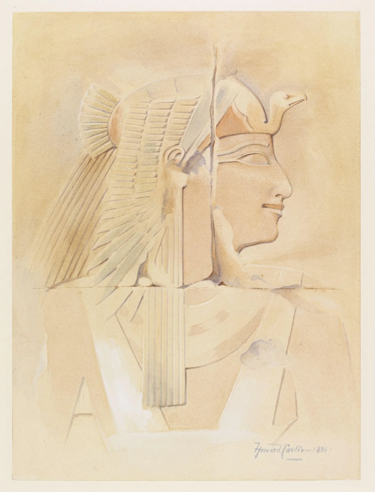 Head of Queen Aahmes Nefertari: copy of a painted low relief in the Mortuary Temple of Hatshepsut, Deir al-Bahri, by Howard Carter, watercolor, 1896