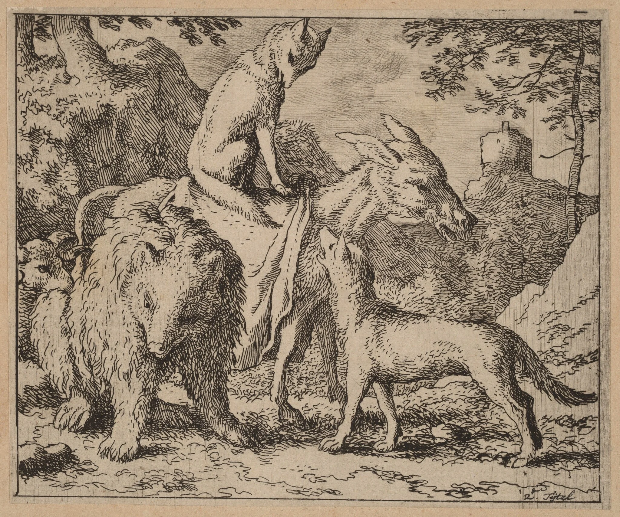 Reynard Seated Atop the Ass, by Allart van Everdingen, ink, 1650